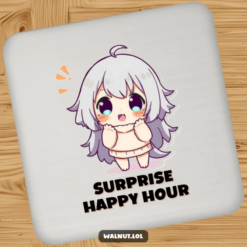 Funny drink coasters with a character striking a playful, surprised pose, offering humorous table protection and a fun vibe.