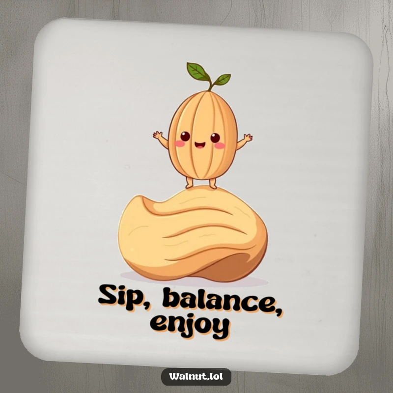 Funny Drink Coaster with a smiling walnut character precariously balanced on a giant cashew, perfect for humorous table protection.