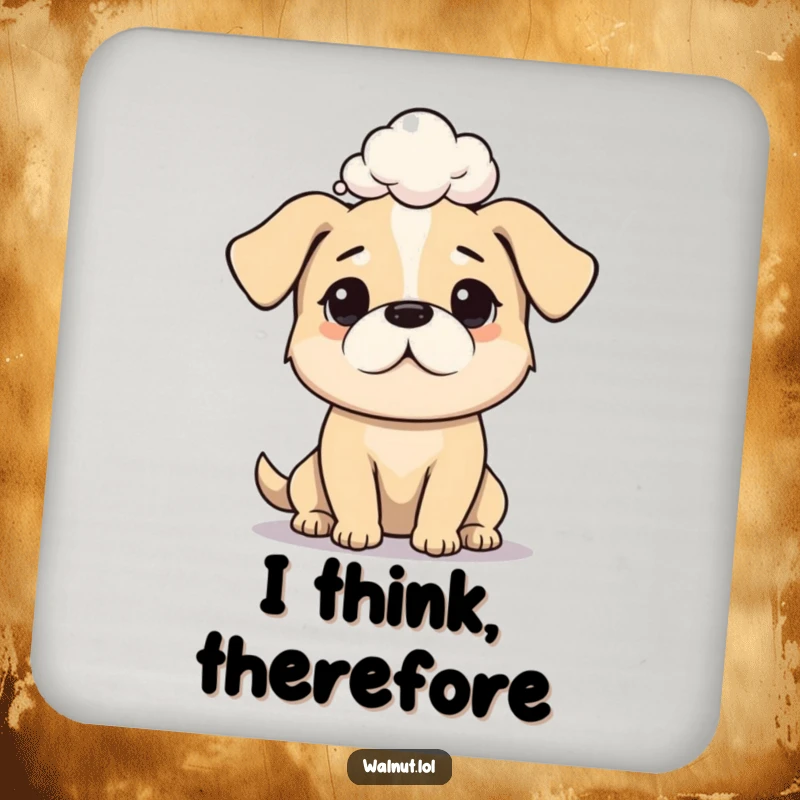 Funny dog coaster depicting a dog deep in profound thought, protecting surfaces with humor.