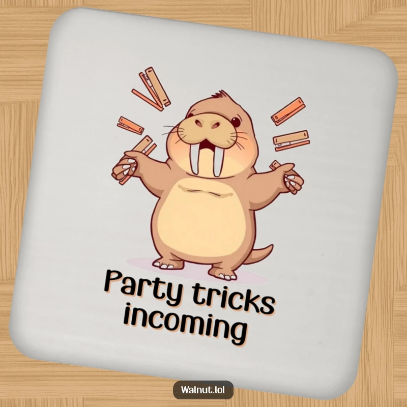 Funny drink coaster with a walrus juggling staplers, a humorous and practical addition to any desk or table.