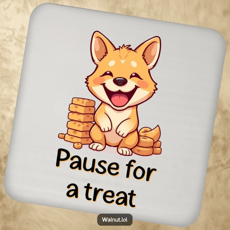 Funny dog coasters depicting a wild dog grinning while balancing a stack of treats, protecting surfaces.