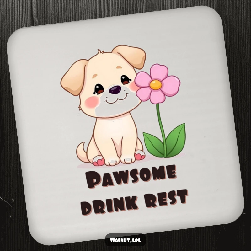 Funny drink coaster featuring a dog smiling at a flower, adding gentle humor and protecting surfaces.