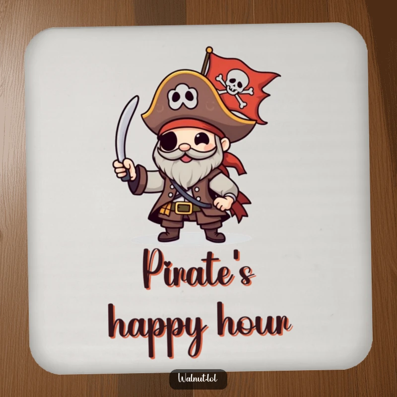 Funny Pirate Coaster featuring a character happily waving a Jolly Roger flag, perfect for protecting surfaces with pirate style.