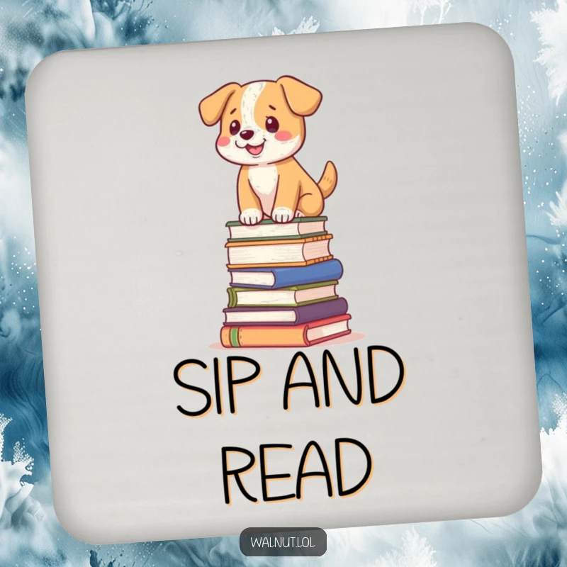 Funny dog coaster with a dog balancing on a tilted stack of books, perfect for tables.