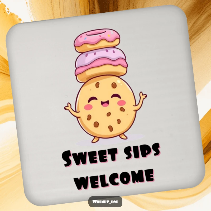 Funny giggling cookie character, balancing donuts on head, sweet treat humor, drink coaster, dessert funny decor.