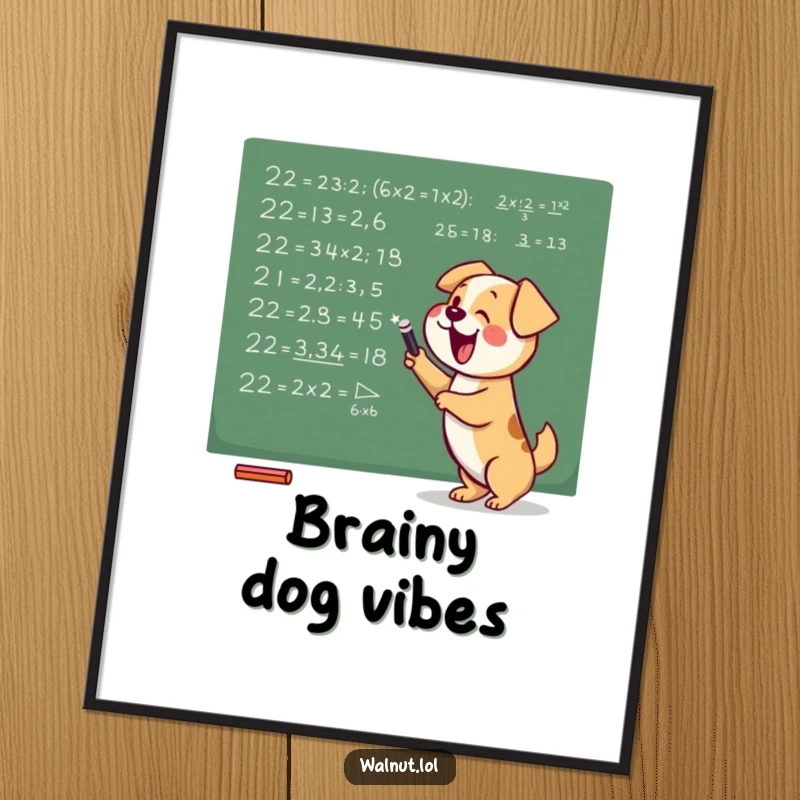 Funny poster art of a dog enthusiastically scribbling complex math equations on a chalkboard, a humorous take on academic pursuits.