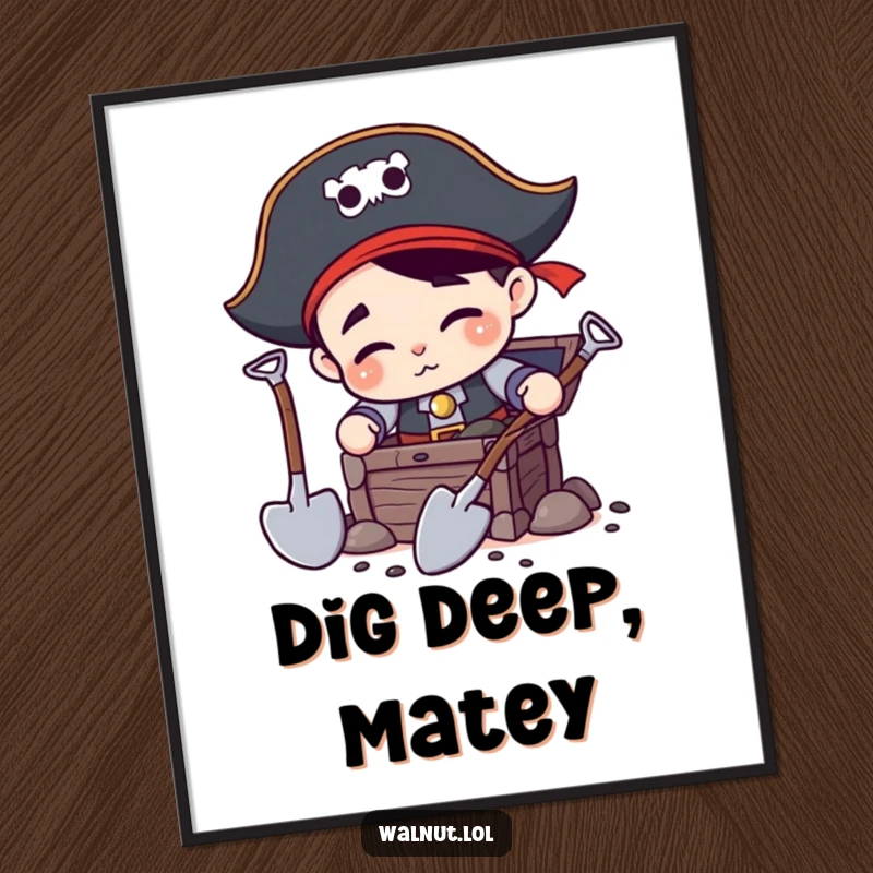 Funny Pirate Digging Poster: Adventurous pirate character wielding two shovels, digging with gusto for a treasure chest, capturing the excitement of discovery.