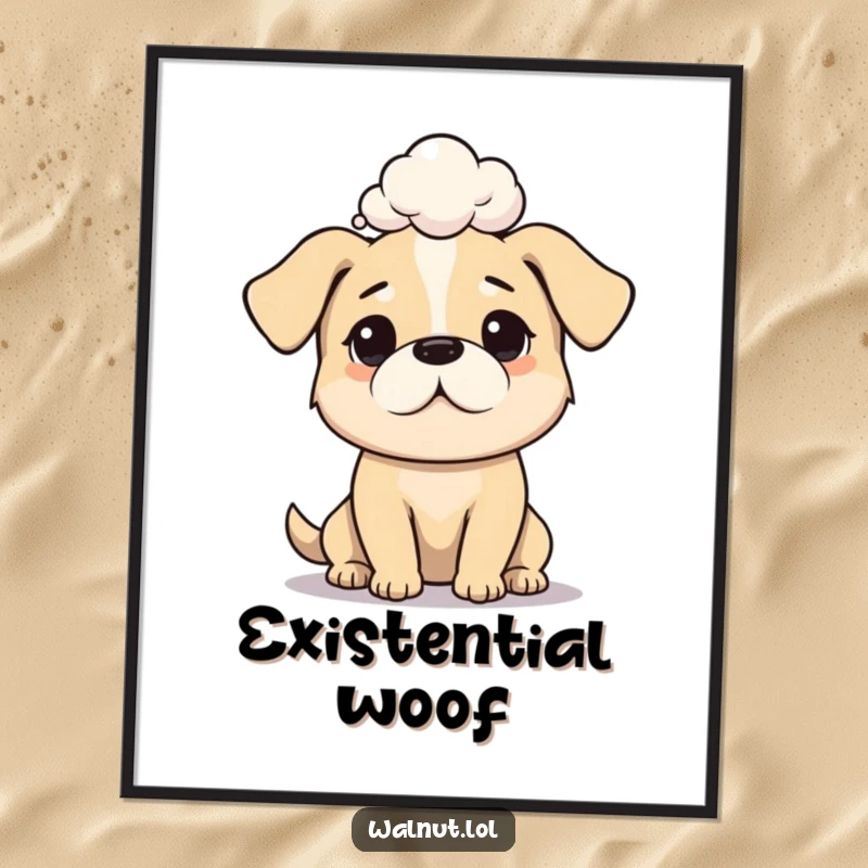 Funny dog poster depicting a dog with a bubble of profound thought, adding humor to wall art.