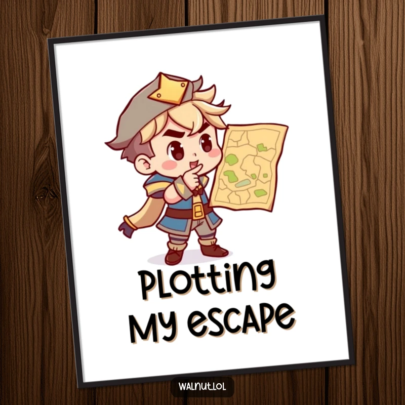 Funny poster showcasing a determined character pointing at a map, creating a scene of adventuring, planning, and unwavering focus.