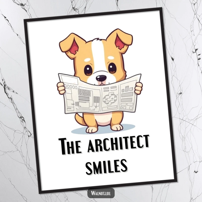 Funny poster art of a dog holding a complex blueprint with a curious, questioning look, suggesting innovative design and playful thought.