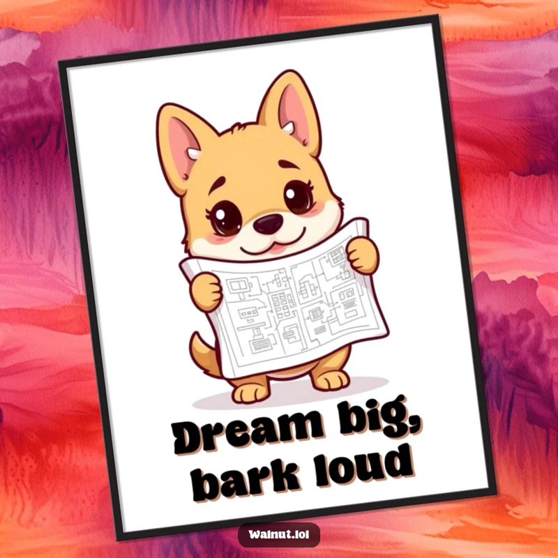 Funny blueprint dog poster depicting a curious dog engrossed in intricate architectural drawings, perfect for a home office.