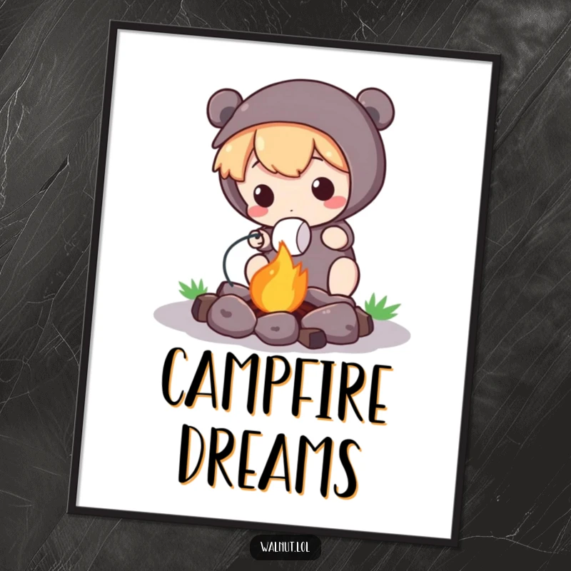 Funny Poster showcasing a cute character roasting a marshmallow over a miniature campfire, adding a cozy, humorous touch.