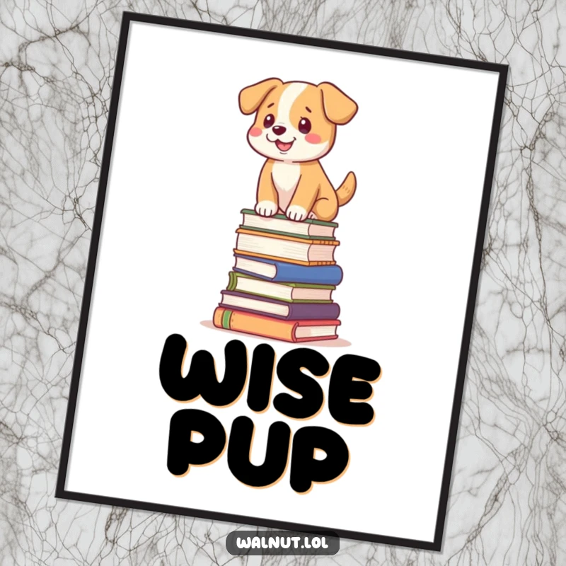 Funny dog poster depicting a dog balancing on a tilted stack of books, whimsical wall art.