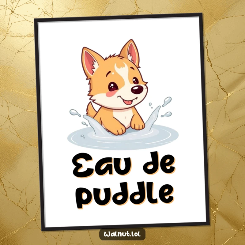 Funny dog poster capturing a wild dog mid-splash in a puddle, conveying exhilaration and playful abandon on your wall.