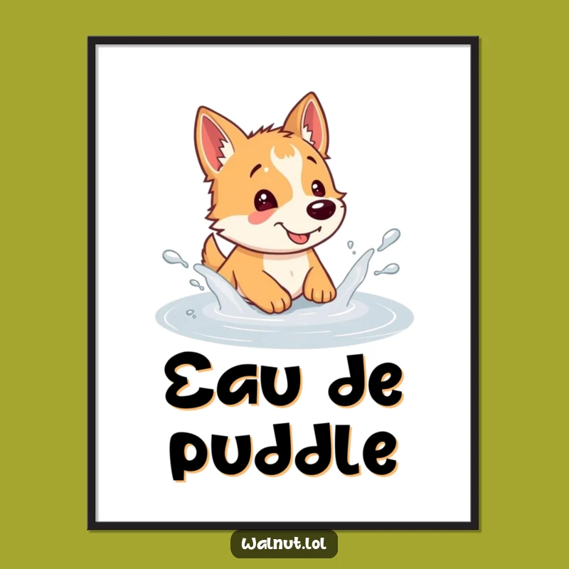 Funny Dog Puddle Splash Poster: Vibrant Wall Art, Perfect Humor Gift!