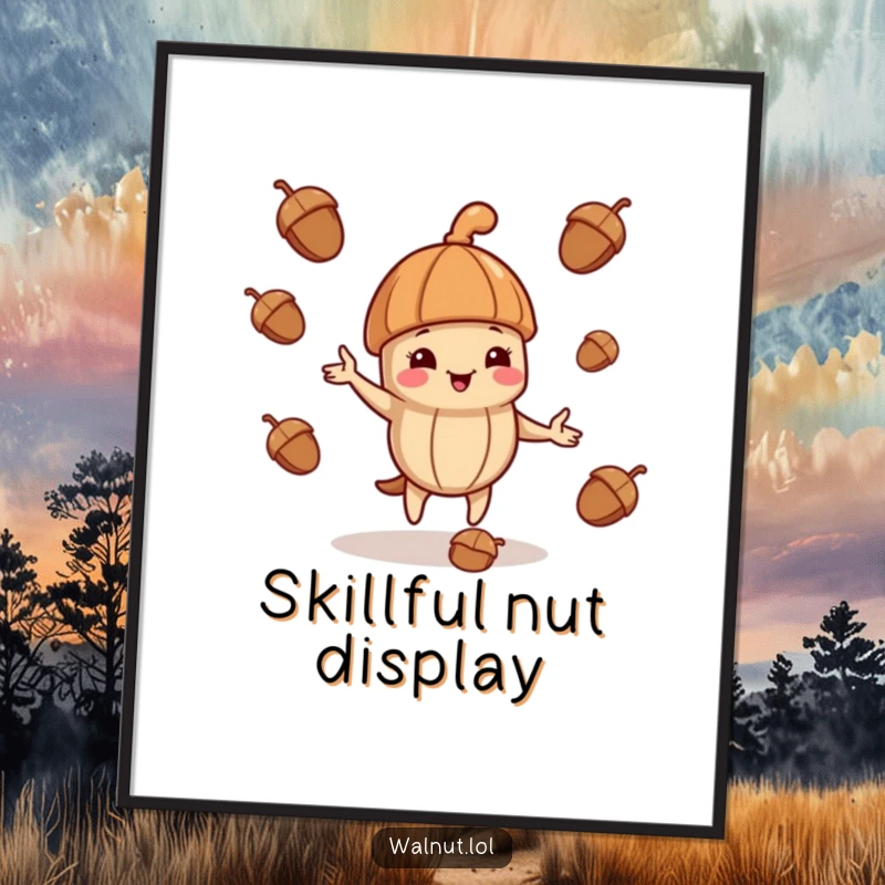 Funny poster print of a walnut wearing a jaunty cap, playfully juggling a pile of acorns with dexterity.