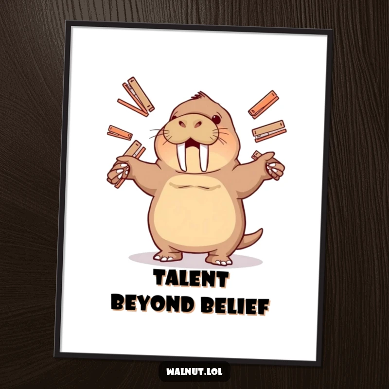 Funny poster of a walrus playfully juggling several staplers, creating a dynamic and humorous visual for any space.