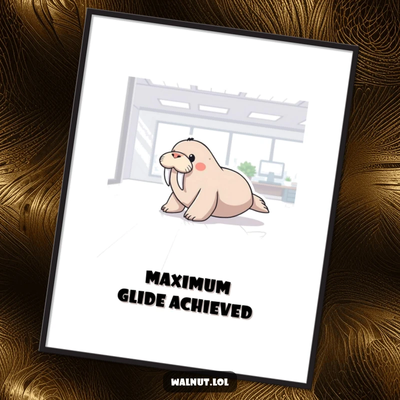 Funny poster art of a walrus sliding with glee across a polished office floor, capturing a moment of pure, unadulterated workplace joy.