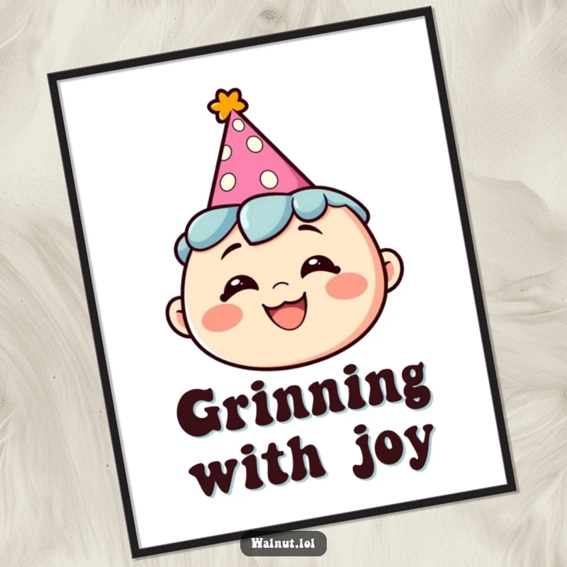 Funny poster print of a character wearing a party hat with a silly grin, adding humorous festive flair.