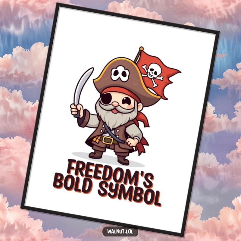 Funny Pirate Poster of a character happily waving a Jolly Roger flag, bringing a sense of nautical adventure and fun.