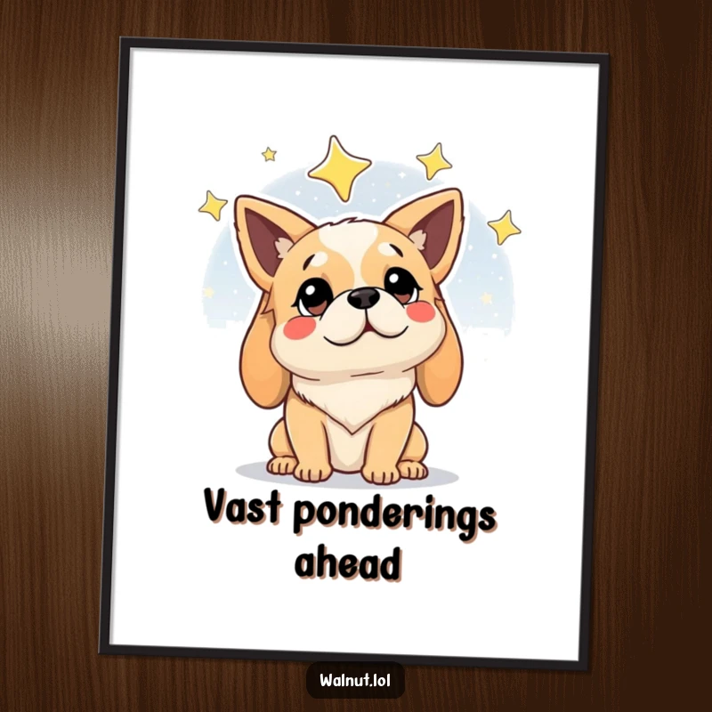 Funny poster of a dog gazing at a vast starry night sky with a wise, serene expression, evoking wonder and contemplation.