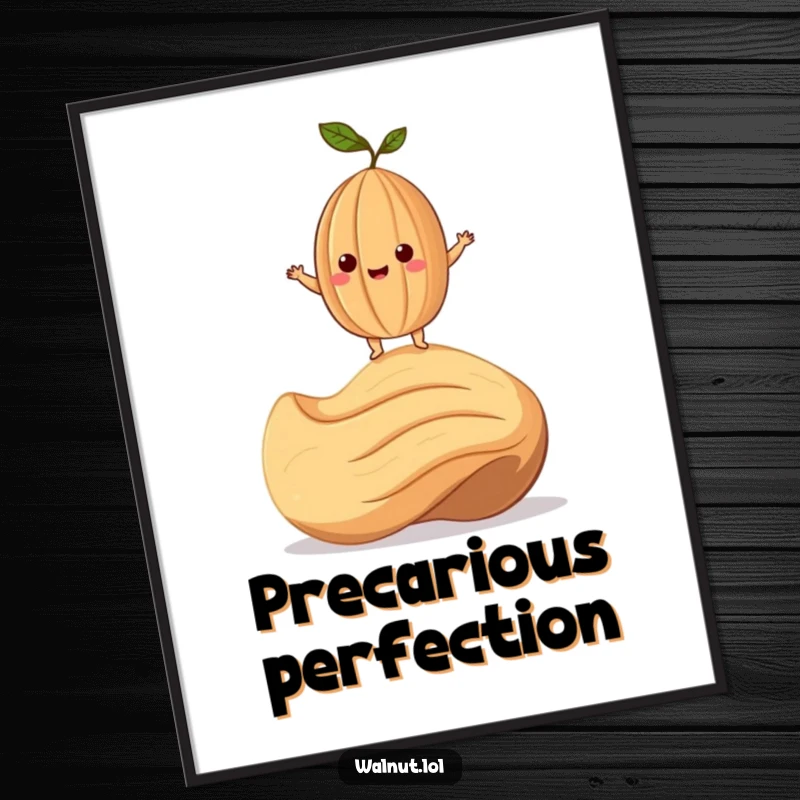 Funny Poster depicting a smiling walnut character precariously balanced on a giant cashew, adding whimsical humor.