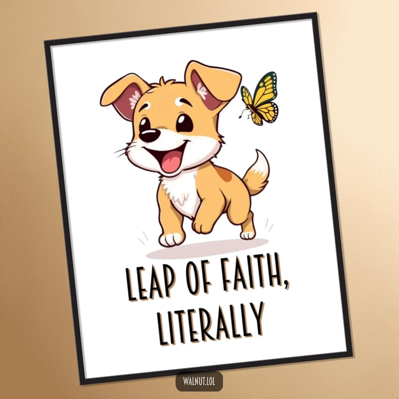 Funny dog poster capturing a wild dog with floppy ears in a humorous, energetic pursuit of a butterfly.