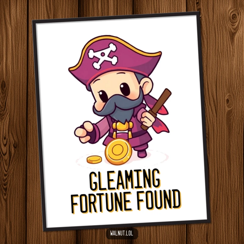 Funny Pirate Poster of a character finding a shiny gold coin, capturing the excitement of treasure discovery and wealth.