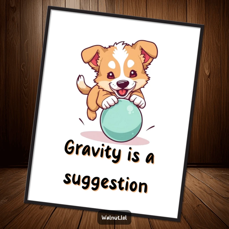 Funny dog poster illustrating a wild dog leaping to pounce on a bouncing ball, full of athletic enthusiasm.