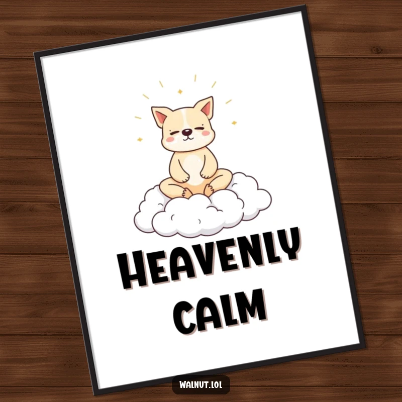 Funny dog poster with a dog meditating peacefully on a cloud, perfect for calming decor.