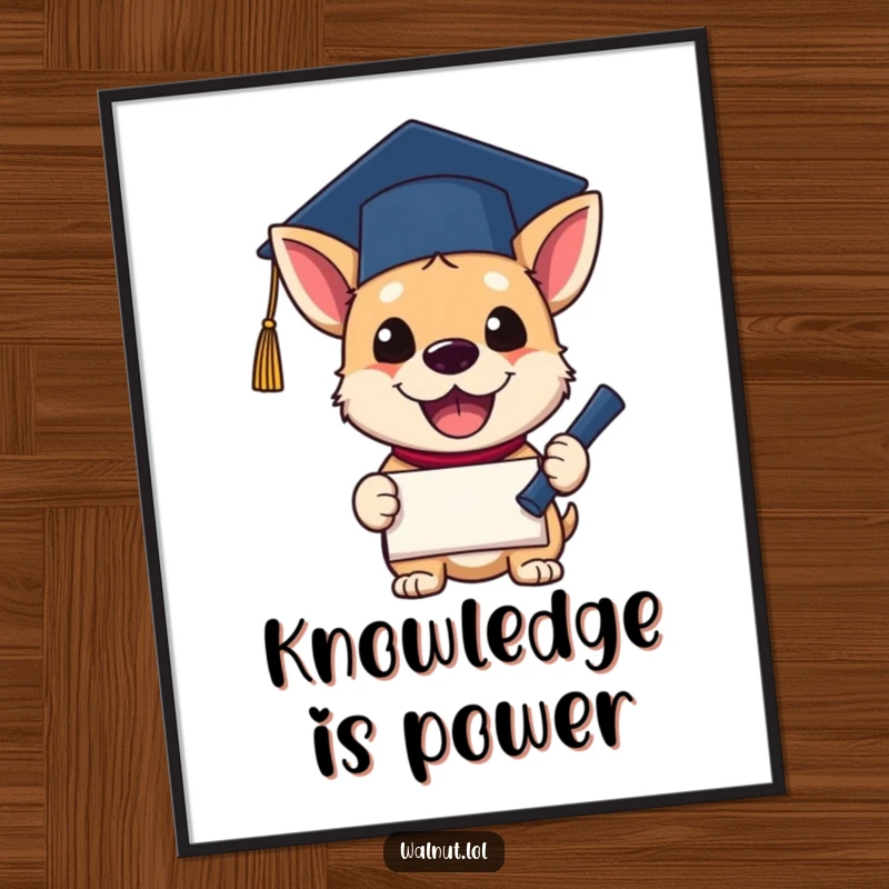 Funny Poster displaying a dog in a graduation cap, excitedly holding a diploma. A humorous piece celebrating success and commencement.