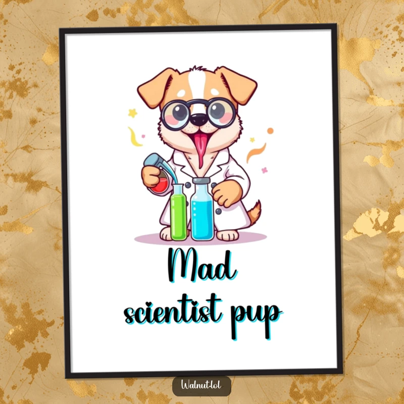 Funny lab coat dog poster depicting a dog scientist in a white coat, enthusiastically mixing vibrant colorful liquids.