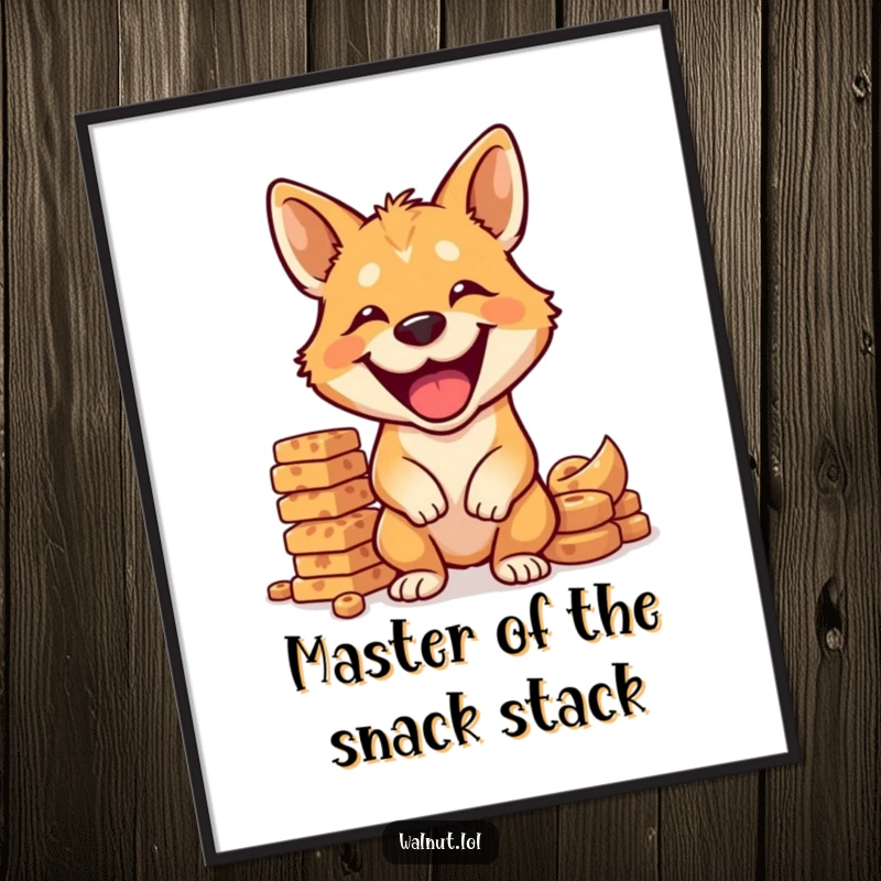 Funny dog poster showing a wild dog grinning while balancing an impressive stack of dog treats.