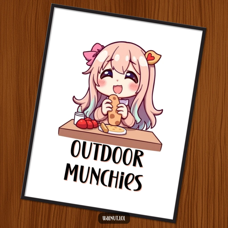 Funny poster depicting a character reveling in an outdoor snack with immense glee. A vibrant and humorous wall decoration.