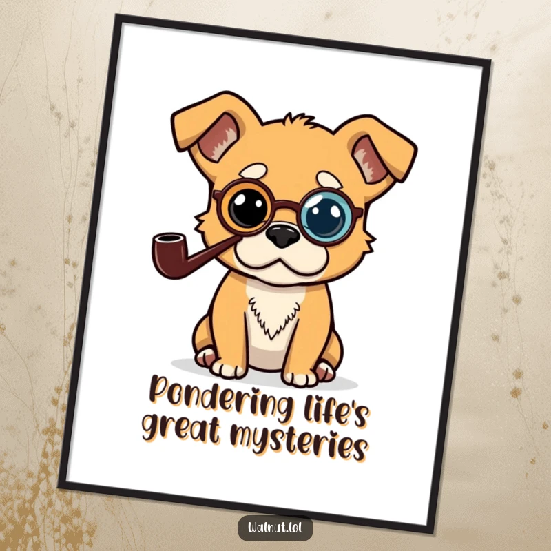 Funny poster of a dog wearing a monocle and smoking a pipe, deep in profound contemplation, adding intellectual humor to decor.