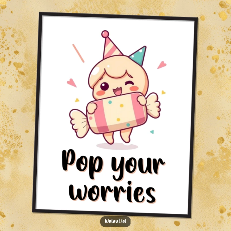 Funny poster of a character popping a giant party cracker. Humorous celebratory wall art. Gift.