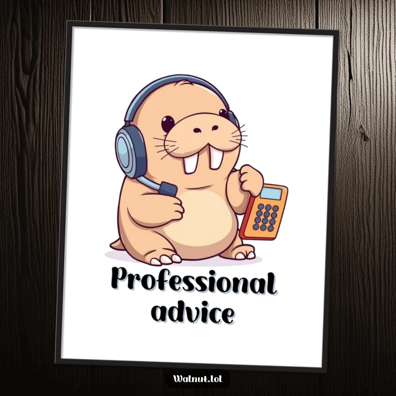 Funny poster of a walrus wearing a headset and answering a phone, creating a humorous and relatable image for customer service professionals.