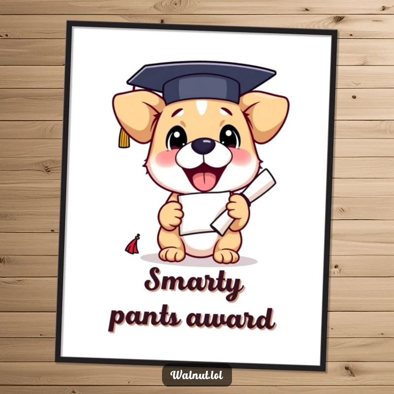 Funny graduation dog poster featuring a cheerful dog wearing a cap, proudly holding a diploma, adding humor to any decor.