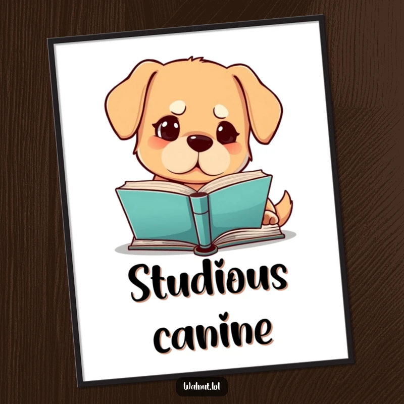 Funny dog poster showing a dog with a furrowed brow gazing at a book, conveying intellectual curiosity, perfect gift.