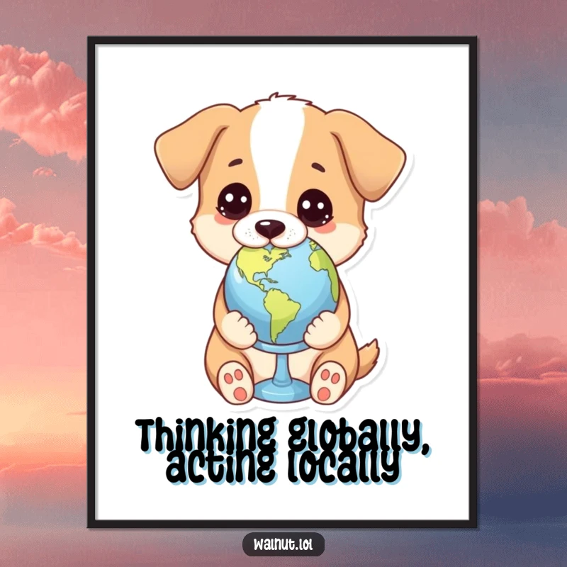 Funny poster of a dog holding a tiny globe with a thoughtful and wise expression, symbolizing global awareness.