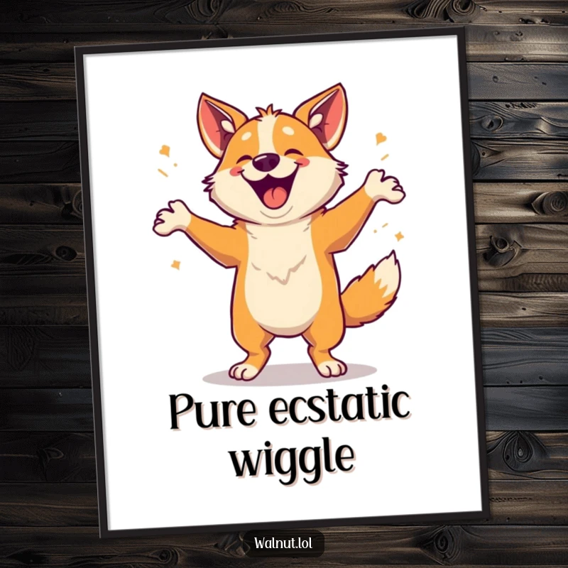 Funny Poster art of a wild dog doing an incredibly happy dance, radiating pure bliss and infectious energy.