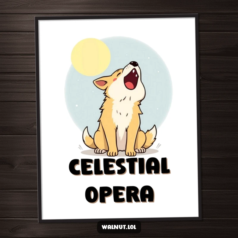 Funny Poster art of a wild dog howling joyfully at a bright moon, capturing the magic of a clear night.