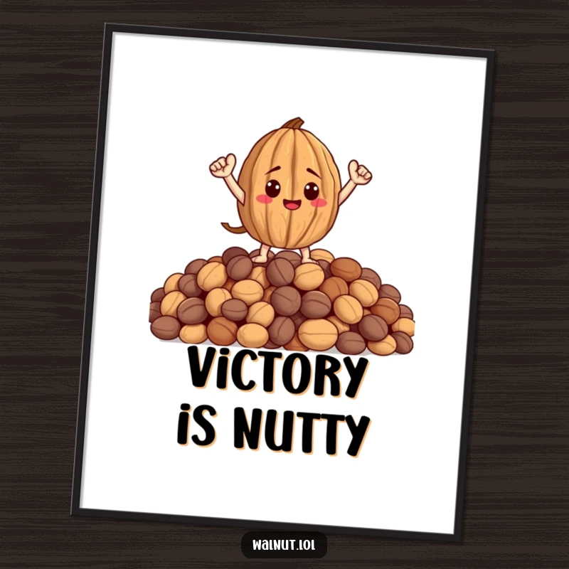 Funny poster print of a walnut with tiny arms striking a heroic pose on a pile of nuts, motivational wall art.