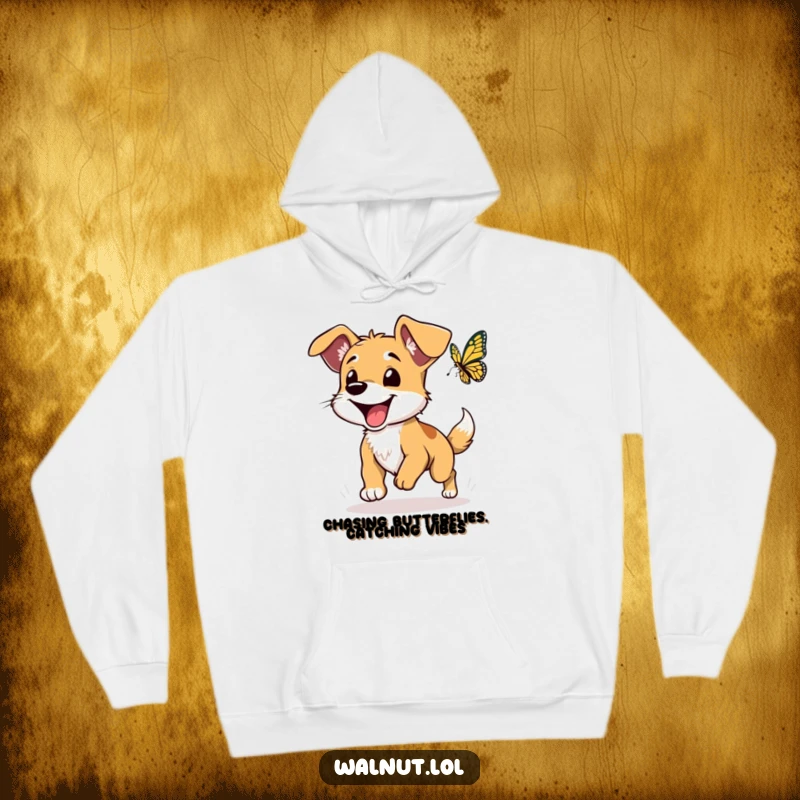 Funny dog hoodie showing a happy wild dog with floppy ears excitedly chasing a butterfly, perfect for outdoor fun.