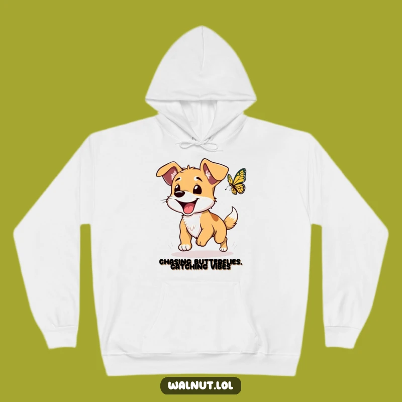 Cozy Funny Wild Dog Chasing Butterfly Hoodie: Warm & Hilarious Floppy Ears Wear