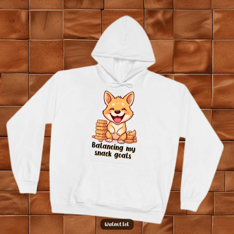 Funny dog hoodie showing a grinning wild dog balancing a large stack of treats, perfect for cozy days.