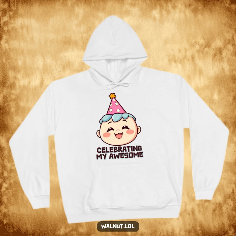 Funny hoodie showcasing a character wearing a party hat with a silly grin, perfect for cozy festive vibes.