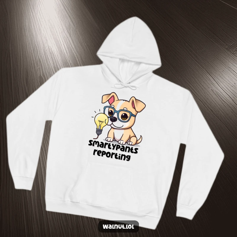 Funny Hoodie showcasing an intelligent dog in large spectacles, pondering a lit lightbulb. Represents wisdom and innovative thought.