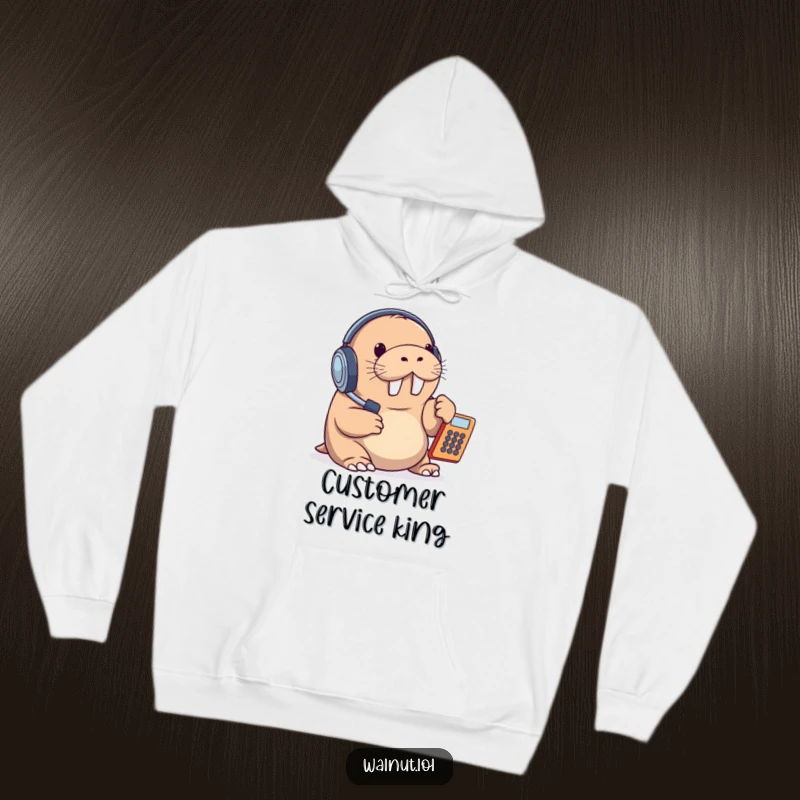 Funny hoodie depicting a walrus in a headset answering a phone, offering comfort and a humorous take on customer service.