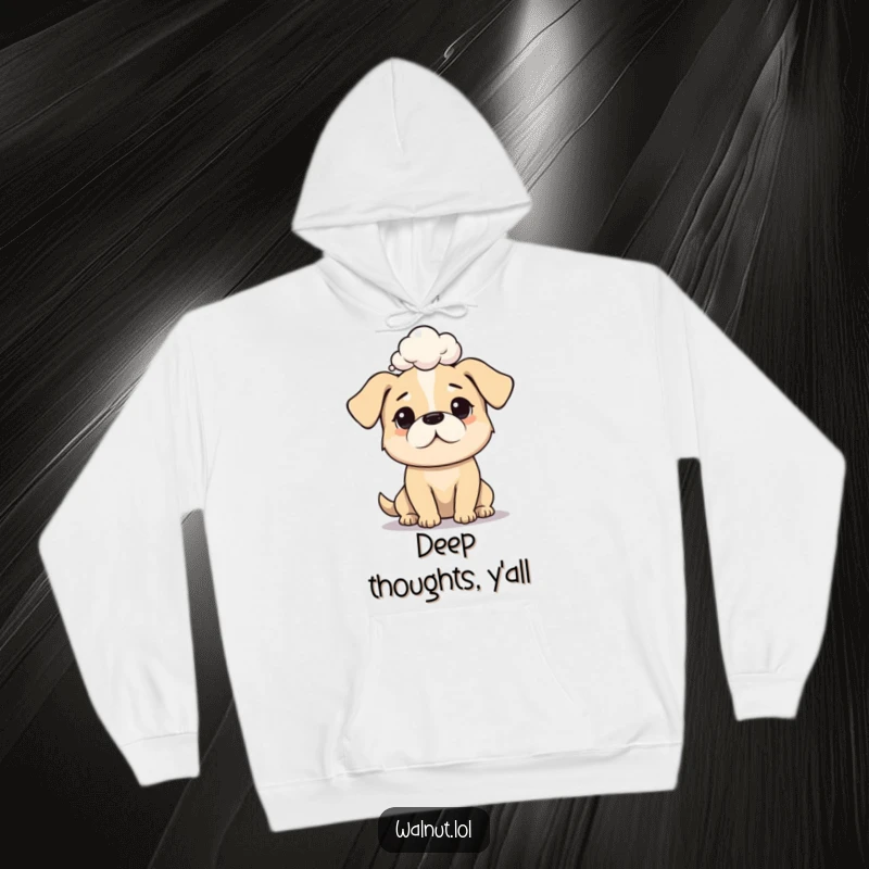 Funny dog hoodie showing a dog with a bubble of profound thought, ideal for comfort and laughs.